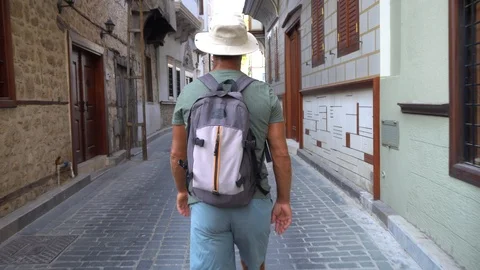 Man Sightseeing Building Backpack City Travel Lifestyle Vacation Kemer Leisure Stock Footage 96727667
