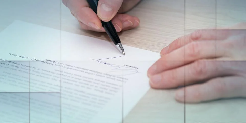 Man signing a contract, geometric pattern Stock Photos
