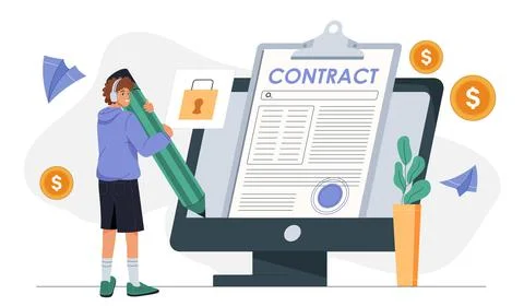 Man signing contract. Young guy with pencil near computer. User puts digital Stock Illustration