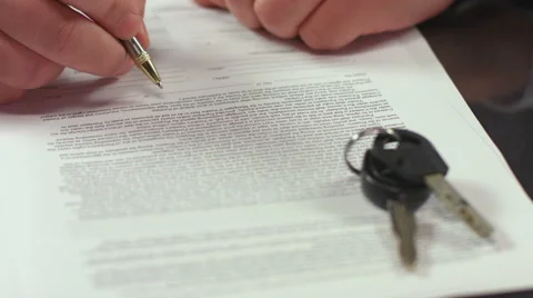 Man signing document, concluding rent agreement, guy buying car Video stock 49755608