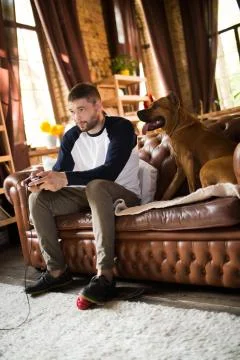 Man siiting on sofa playing video games, his dog sitting close to him. Stock Photos