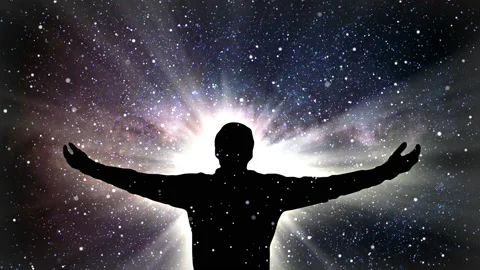 Man silhouette against night space sky. Aspiration and development concept. Video stock 170555642