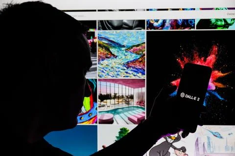 Man silhouette, Dall-e 2 logo on smartphone. OpenAI Dall-E 2 AI artwork in Stock Photos