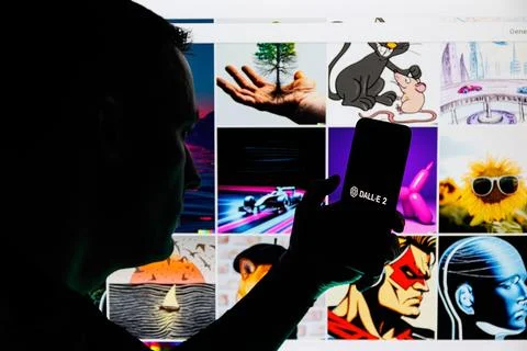 Man silhouette, Dall-e 2 logo on smartphone. OpenAI Dall-E 2 AI artwork in Stock Photos