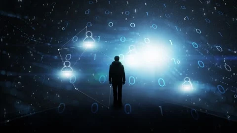 Man silhouette in dark blue digital binary data cyberspace Stock Footage 337736162