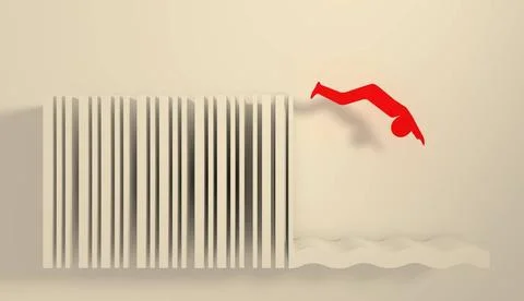 Man silhouette diving from bar code springboard red man silhouette diving ... 스톡 사진