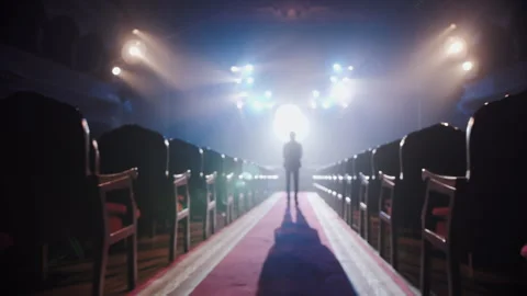 Man Silhouette in Empty Hall Facing Bright Light. Searching for Self Concept Vidéo 336186604
