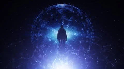 Man silhouette inside digital metaverse binary data sphere Stock Footage 337513325