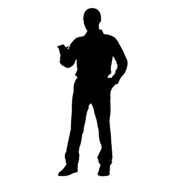 A man silhouette is looking at his cell phone isolated on white background. Stock Illustration
