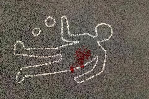 Man silhouette shape outline of dead body marked on road by chalk with evidence Stock Illustration