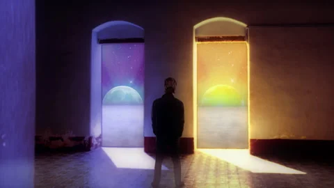 Man Silhouette Standing Between Glowing Doorways in Surreal Dreamlike Scene 库存影片 341405825