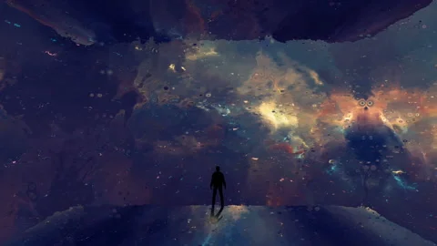 Man silhouette standing in deformation 3D room, flying through colorful neb.. Stock Footage 225699586