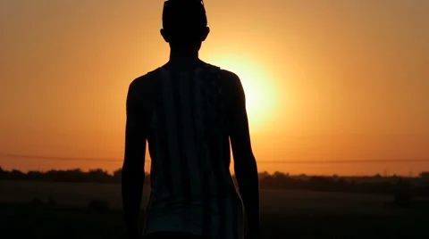 Man Silhouette on Sunset Meadow Stock Footage 65070434