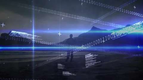 Man silhouette walking and activating binary code grids at center raising arms Stock Footage 328601218