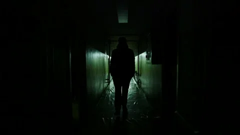 Man in silhouette walking through dark underground tunnel in secret Soviet base Video stock 293745404