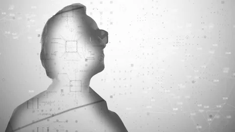A man in silhouette on a white background on which digital graphs move. Footage Stock Footage 233030290