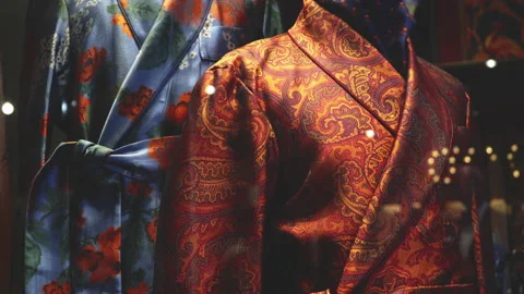 Man silk robe on the mannequin window shopping Retail Stock Footage 146289871