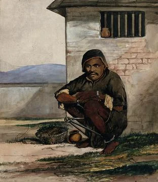 A man of Simla, squatting in a prison with manacles around his ankles. Wate.. Stock Illustration