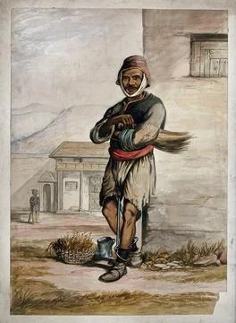 A man of Simla, standing in a prison with manacles around his ankles. Water.. Stock Illustration