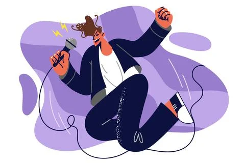 Man singer with microphone in hands jumps up speaking to audience on stage and Stock Illustration