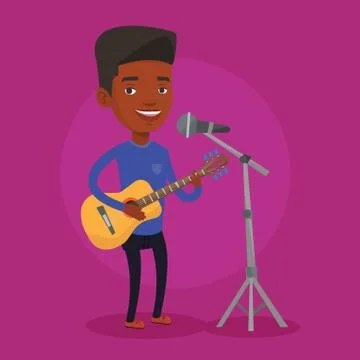 Man singing in microphone and playing guitar Stock Illustration
