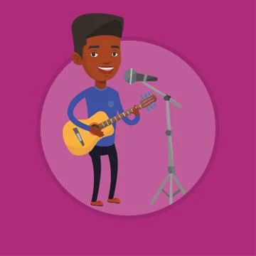 Man singing in microphone and playing guitar Stock Illustration