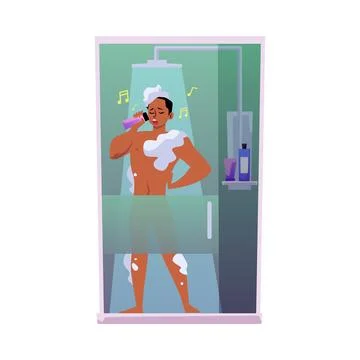 Man singing in shower while bathing flat cartoon vector illustration isolated. Illustrazione stock