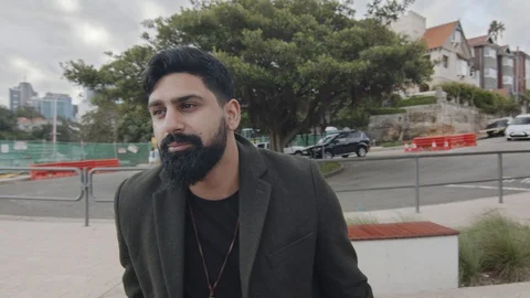 Man Sips Coffee Looking at Bay Water In Sydney Harbor. Mid Circle Shot Stock Footage 129547451