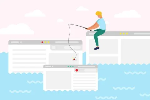 Man sit on computer window trying to catch webpage 库存插图