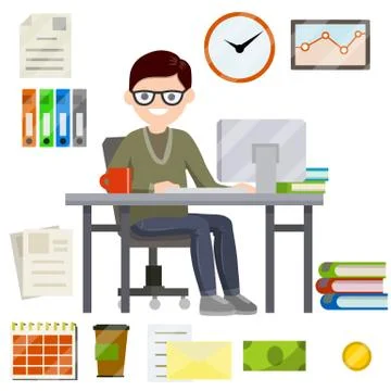 Man sit at Desk with computer and typing the text message in front of monitor Stock-Illustration