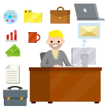 Man sit at Desk with computer and typing the text message in front of monitor Stock Illustration