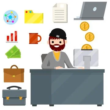 Man sit at Desk with computer and typing the text message in front of monitor Stock Illustration