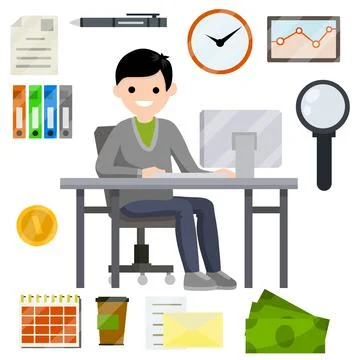 Man sit at Desk with computer and typing Stock Illustration
