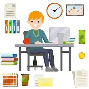 Man sit at Desk with computer and typing 스톡 일러스트