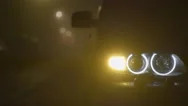 The Man Sit Down And Get Out Of The Car. Evening-Night Time, Foggy Weather Stock Footage