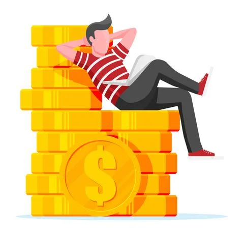 Man Sit on Golden Coins Stack and Use Laptop. Stock Illustration