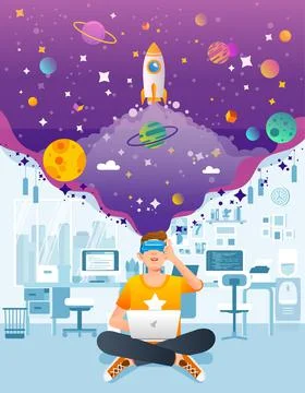 Man sit with laptop using VR or virtual reality in office, start up company d Illustrazione stock