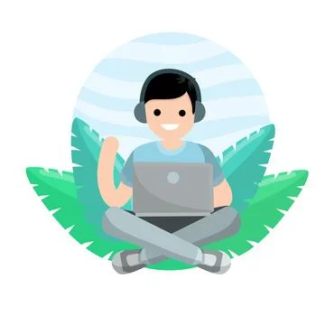 Man sit with laptop. Work freelance and programmer. Stock-Illustration