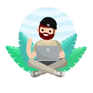 Man sit with laptop. Work freelance and programmer. Stock Illustration