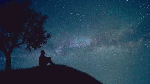 The man sit near the tree on the background of starry sky. Time lapse Stock Footage 69782764