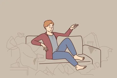 Man sit on sofa surrounded with trash 스톡 일러스트