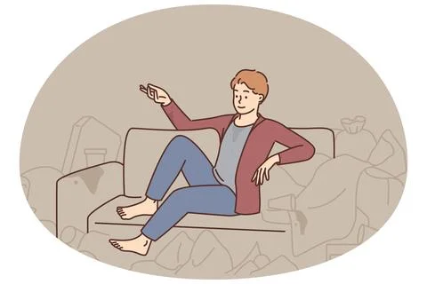 Man sit on sofa surrounded with trash 스톡 일러스트
