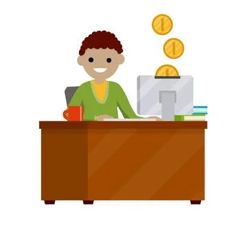 Man sit at table with computer. イラスト素材