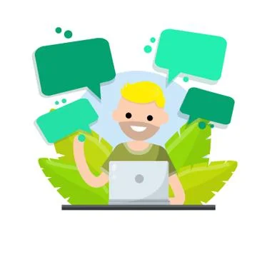 Man sit at table with laptop. Concept of Education. Teaching and learning Illustrazione stock