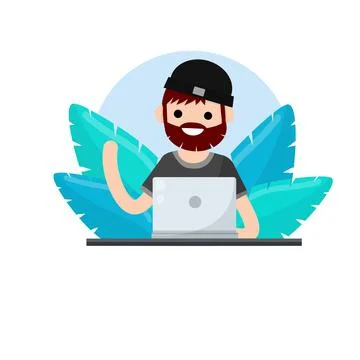 Man sit at table with laptop. Concept of Education. Cartoon Flat cartoon Stock Illustration