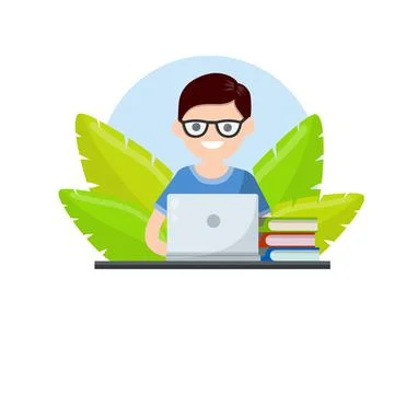 Man sit at table with laptop. Concept of Education. Stock-Illustration