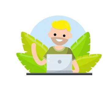 Man sit at table with laptop. Concept of Education. Cartoon Flat cartoon. Illustrazione stock