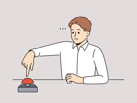 Man sit at table press red button Stock Illustration