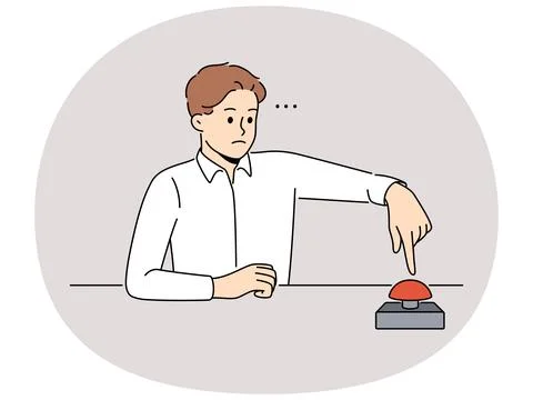 Man sit at table press red button Stock Illustration