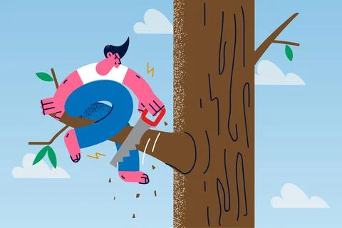 Man sit on tree saw branch risk to fall Illustrazione stock